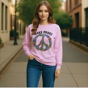 a.lab  "Make Peace" Long Sleeve Tee with Mushroom Peace Sign 100% Cotton